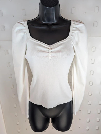 LUC-CE Off White Puff Sleeve Sweetheart Neck Knit Jumper UK10–12