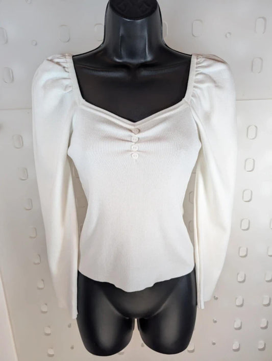 LUC-CE Off White Puff Sleeve Sweetheart Neck Knit Jumper UK10–12