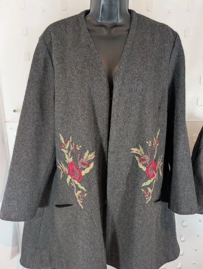 Vintage Cazz Grey Wool Blend Embroidered Swing Coat & Matching Bag M