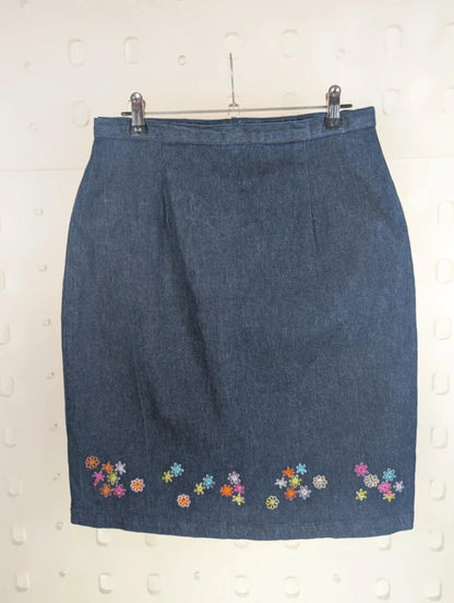 Joie de Vivre Denim Embroidered Pencil Skirt UK 12 Stretch Cotton