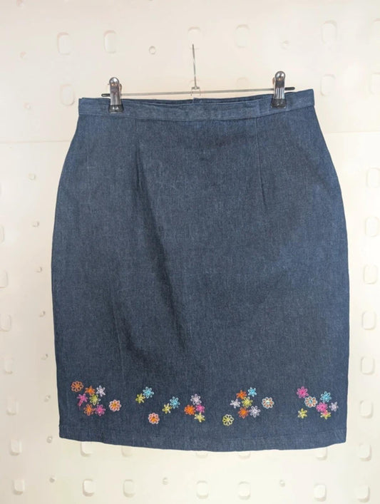 Joie de Vivre Denim Embroidered Pencil Skirt UK 12 Stretch Cotton
