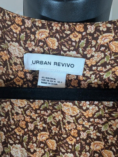 Urban Revivo brown floral boho dress XS UK6 floaty romantic viscose