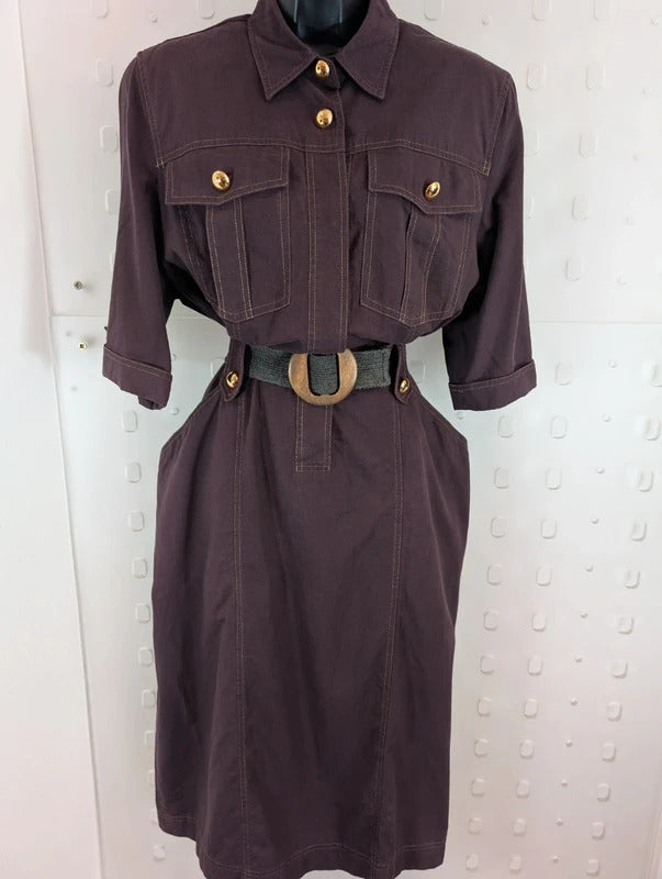 Vintage 80s Jobis Aubergine Cotton Shirt Dress UK16 EU44