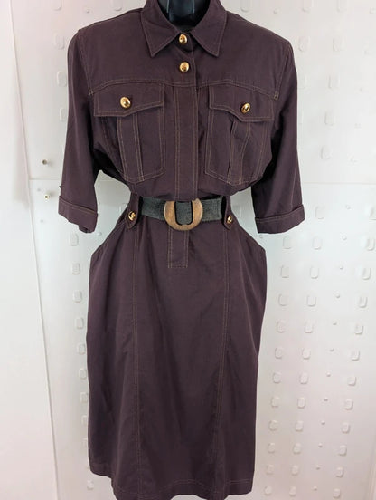 Vintage 80s Jobis Aubergine Cotton Shirt Dress UK16 EU44