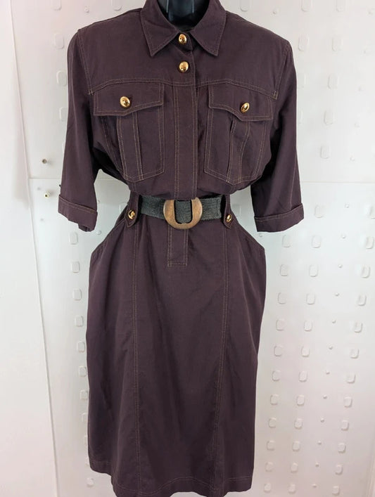 Vintage 80s Jobis Aubergine Cotton Shirt Dress UK16 EU44