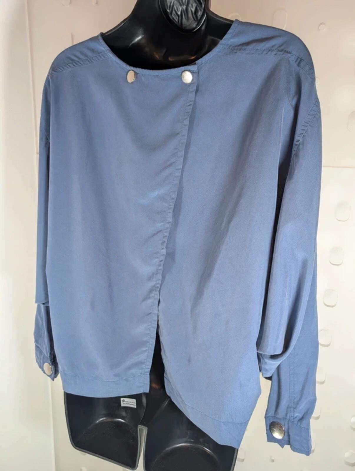 Minimalist Batwing Popper Blouse Blue Grey Lagenlook S/M
