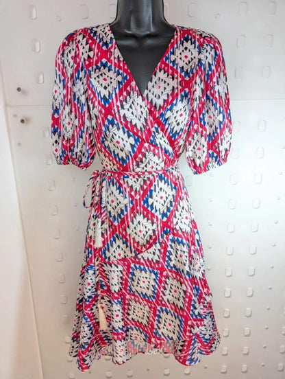 Guess Satin Wrap Dress – Puff Sleeve Tie Waist – Printed Midi – S