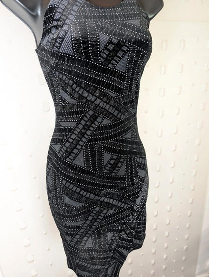 Velvet Sparkle Bodycon Dress – Asymmetric Hem Racer Cut Party uk8