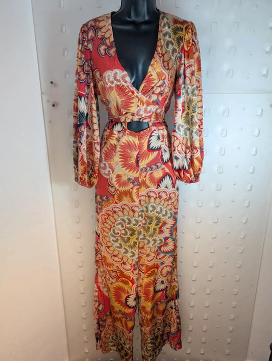 Traffic People Printed Jumpsuit Oriental Style Wide Leg Size S