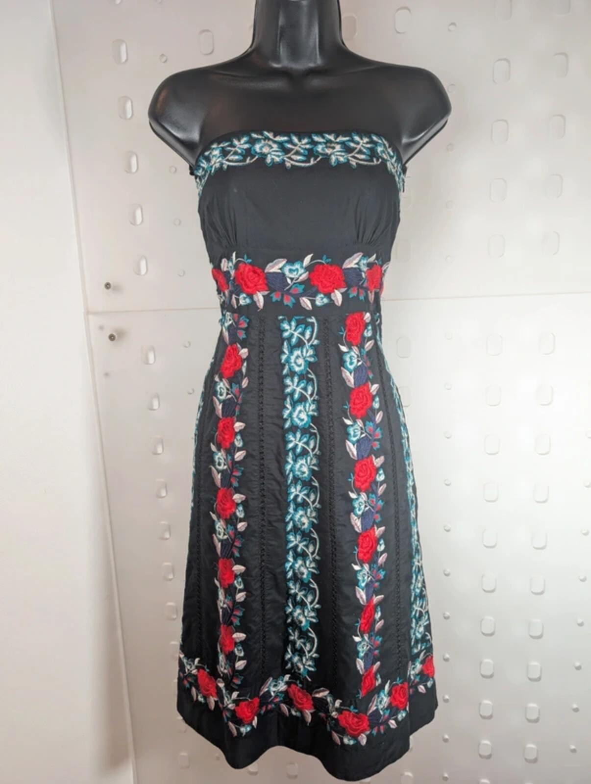 Monsoon Rose Embroidered Dress Black Red UK10
