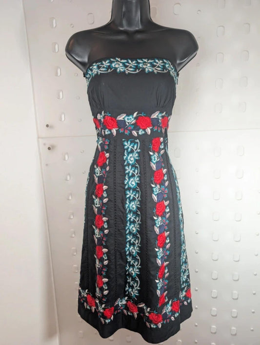 Monsoon Rose Embroidered Dress Black Red UK10