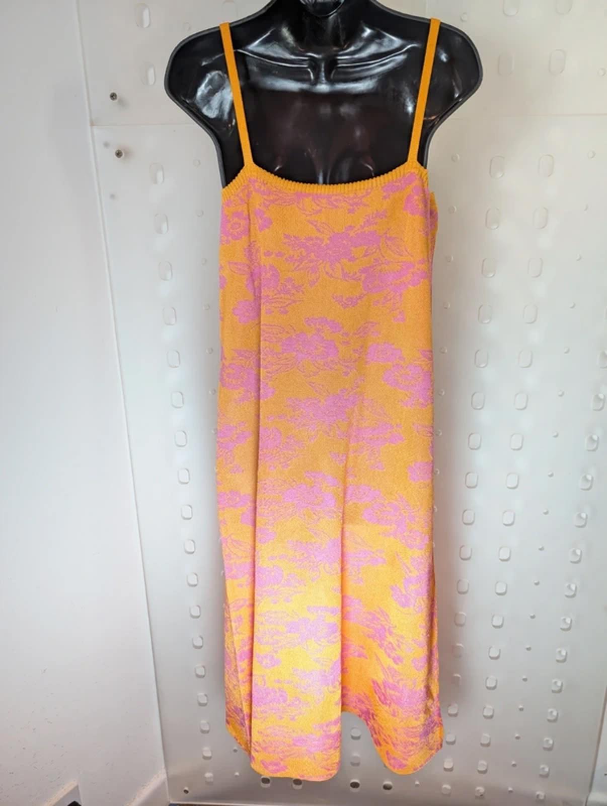Zara Knit Strappy Midi Dress Pink Orange Stretch Square Neck S