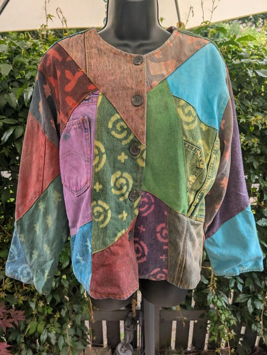 Sacred Threads Patchwork Denim Bomber Jacket Cotton S/M