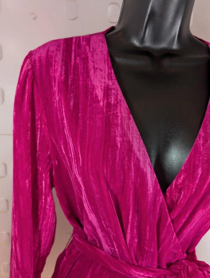 Topshop Fuchsia Pink Crushed Velvet Wrap Top UK16 Statement Party Barbiecore