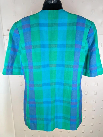 Vintage Betty Barclay checked linen jacket UK10 oversized lagenlook blue green