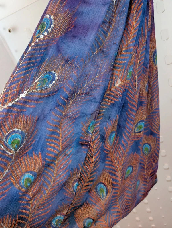 Indian Peacock Print Embellished Rayon Maxi Skirt Free Size