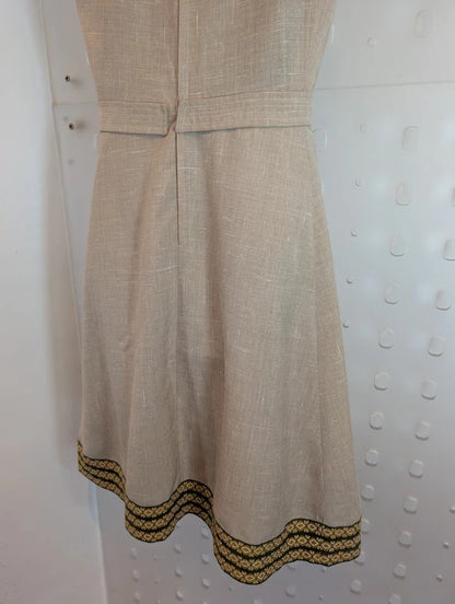 Vintage Handmade Beige Dress Geometric Trim Approx UK10 / 12