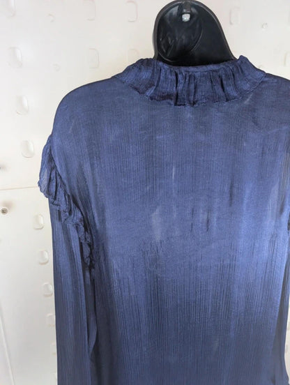 Massimo Dutti Ink Blue Ruffle Front Blouse EU42 UK14