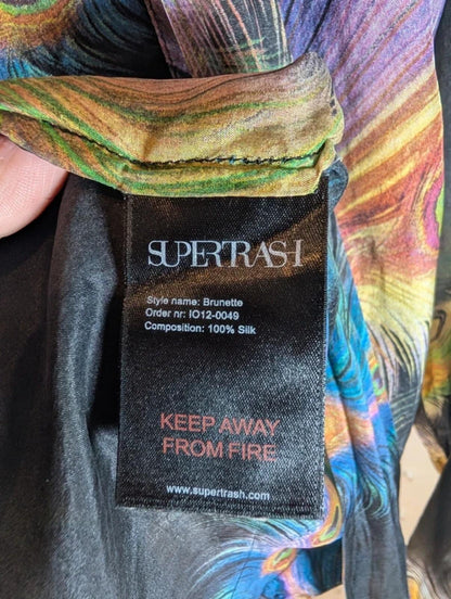 Supertrash Silk Feather Print Blouse Sheer Tie Neck Button Front