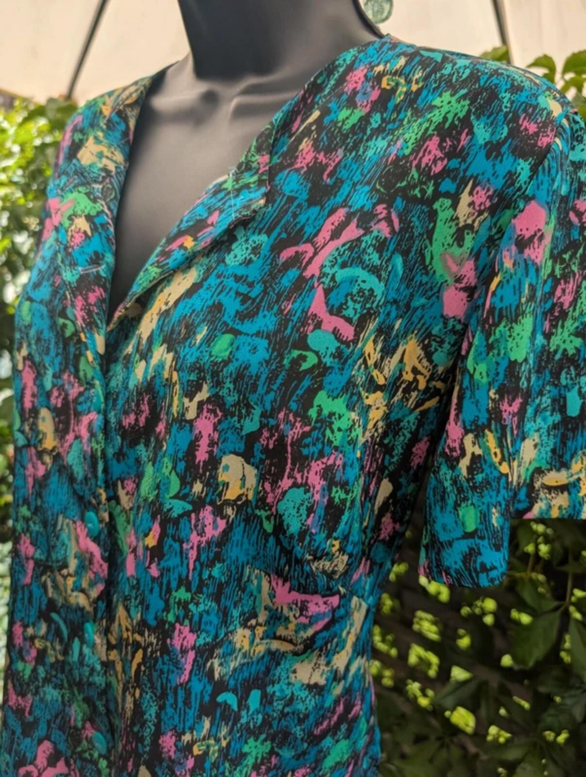 Vintage Handmade 1980s Abstract Print Shirt Pink Blue Green