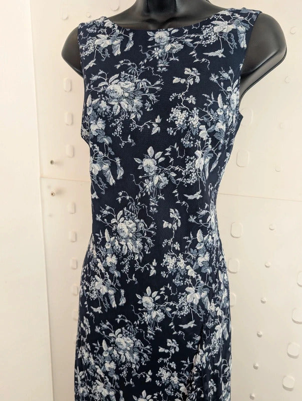 Vintage 90s Lakeland Navy Floral Bias Cut Maxi Dress UK14