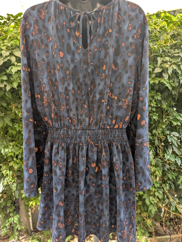 Traffic People Navy Burnt Leopard Print Dress Size L UK14