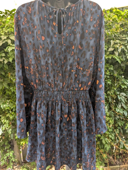 Traffic People Navy Burnt Leopard Print Dress Size L UK14