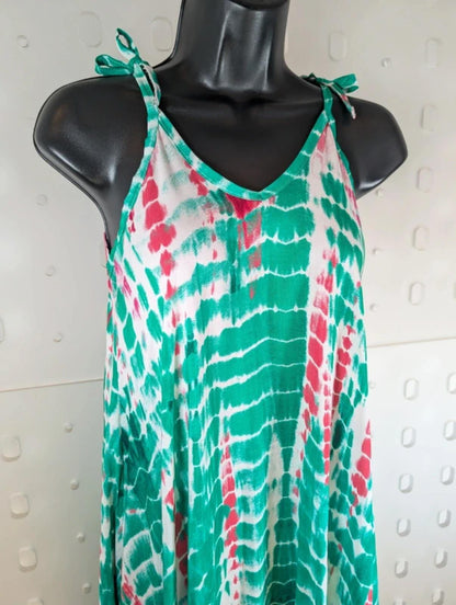 Tie Dye Maxi Dress Green Pink Boho Strappy UK 8