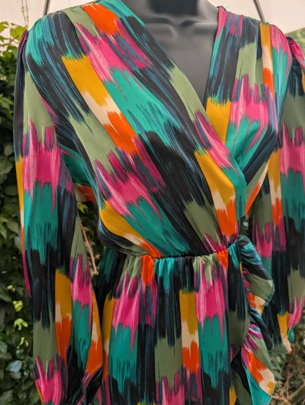 J S Millenium Satin Brush Stroke Wrap Mini Dress Large
