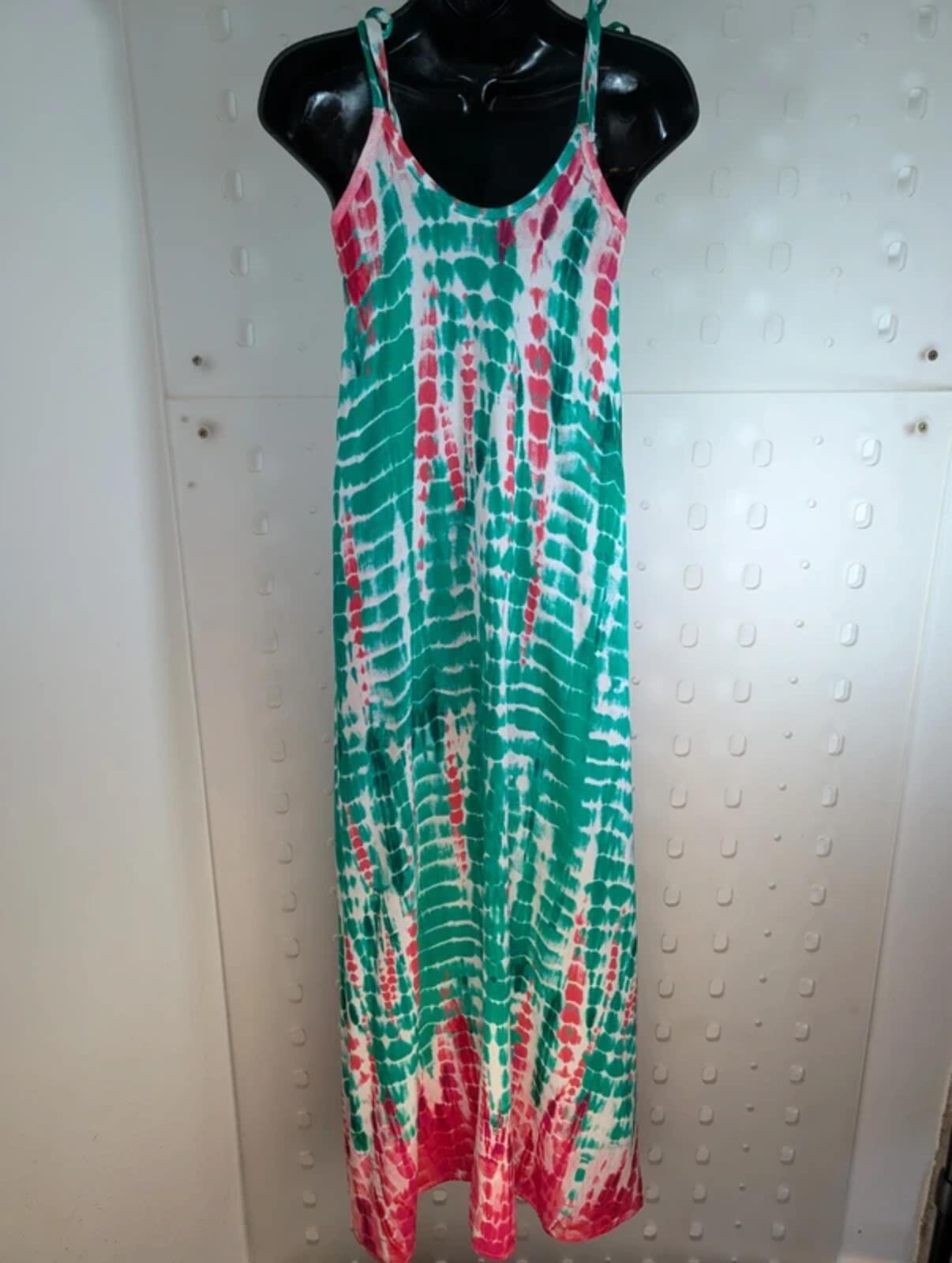 Tie Dye Maxi Dress Green Pink Boho Strappy UK 8