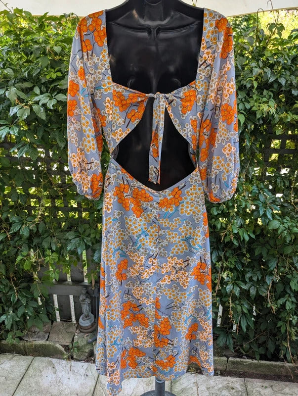 Traffic People Berry Print Open Back Midi Dress UK8