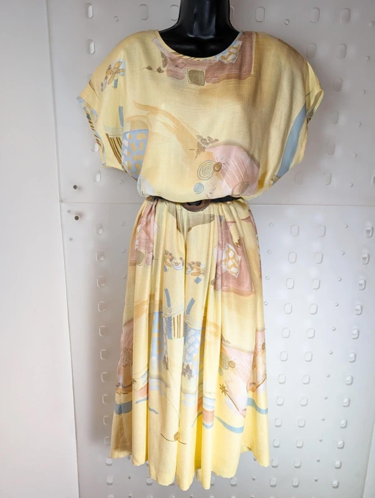 Vintage Janina Schreck Yellow Patterned Midi Dress UK 16