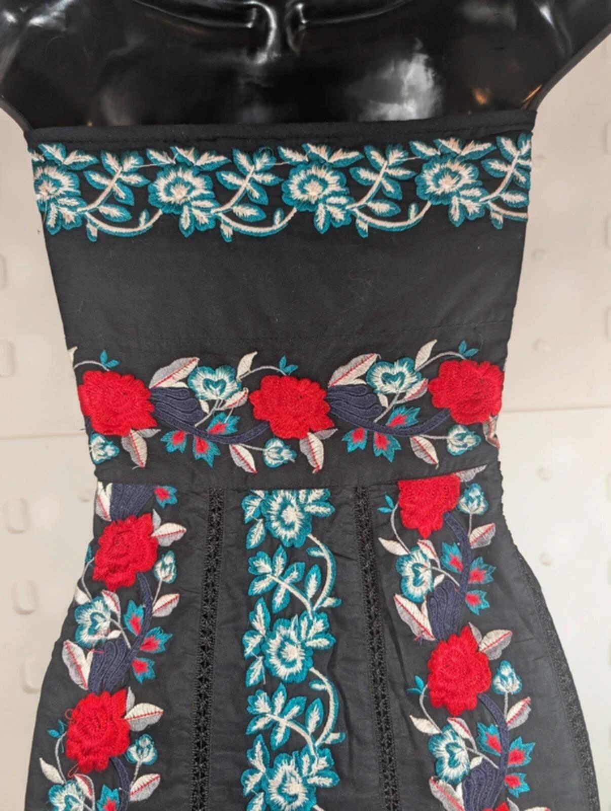 Monsoon Rose Embroidered Dress Black Red UK10