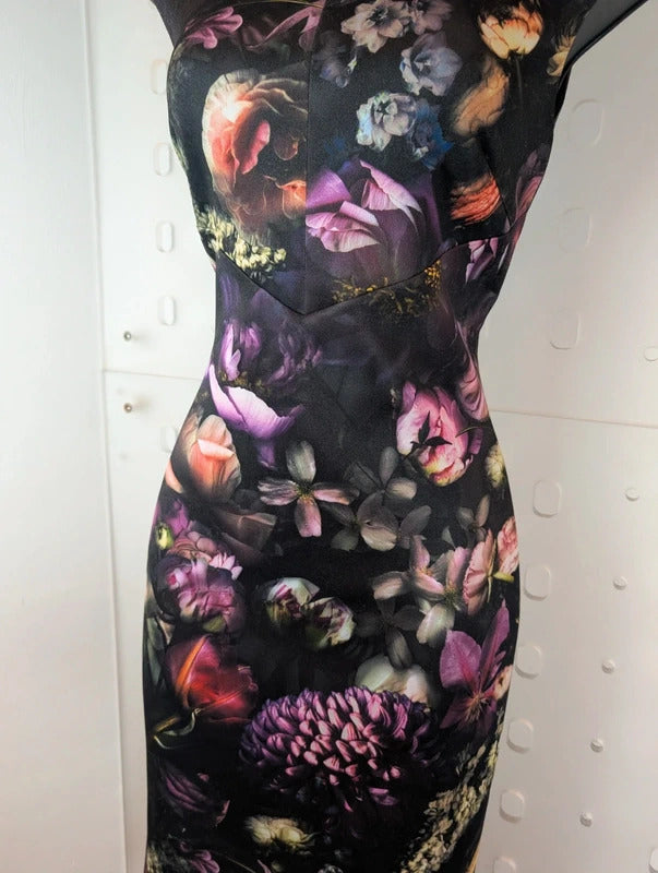 Ted Baker Dark Floral Scuba Bodycon Midi Dress Size 1 UK8