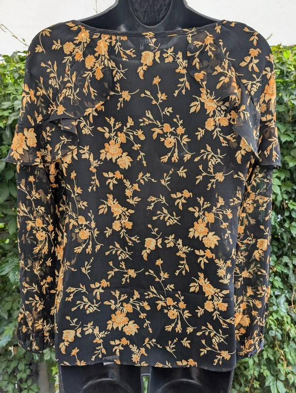 Envy Black & Mustard Floral Tie Neck Blouse UK8
