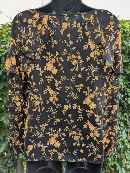 Envy Black & Mustard Floral Tie Neck Blouse UK8
