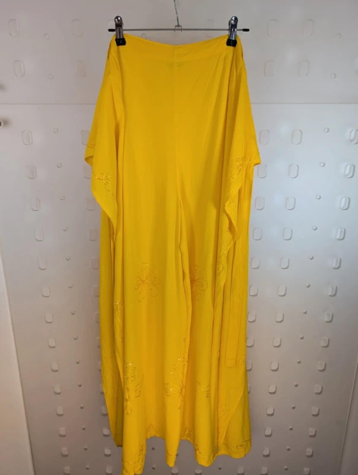 Yellow Wrap Tie Trousers Split Side Festival Boho Sequin Embroidered Free Size