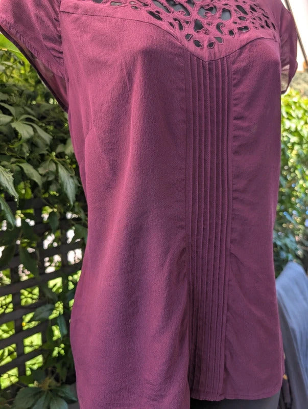 Warehouse Pure Silk Lace Trim Blouse Burgundy UK14