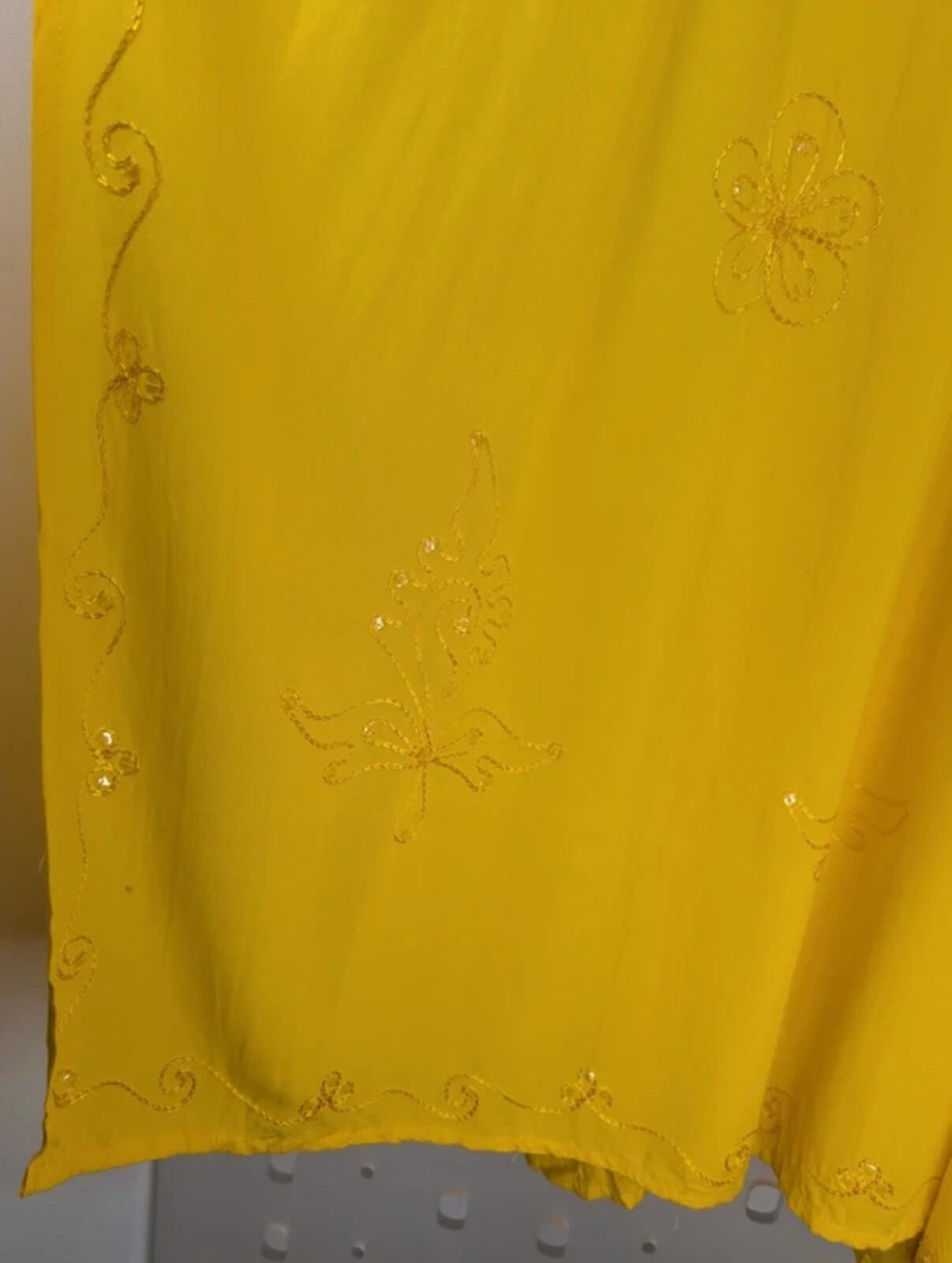 Yellow Wrap Tie Trousers Split Side Festival Boho Sequin Embroidered Free Size