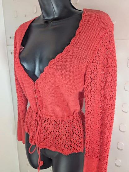 Sandwich Large Coral Crochet Cardigan Tie Waist Ramie Blend