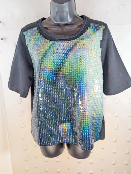 Calvin Klein Black Holographic Sequin Oversized T-Shirt Top UK8–10