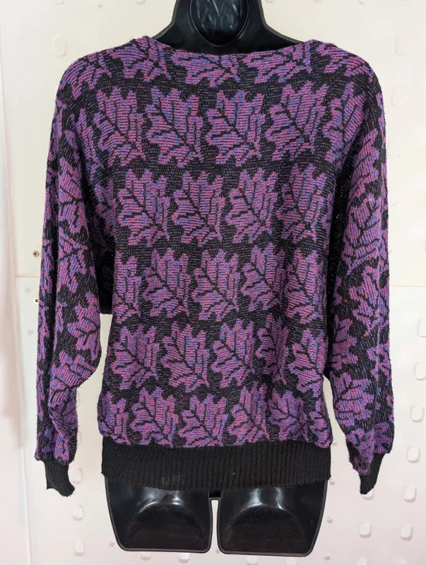 Vintage C&A Purple Black Abstract Leaf Batwing Jumper UK10