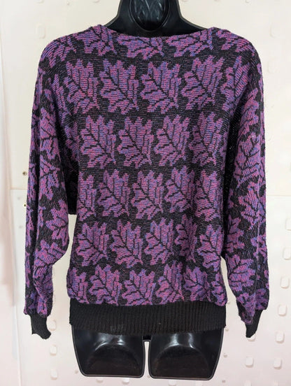 Vintage C&A Purple Black Abstract Leaf Batwing Jumper UK10