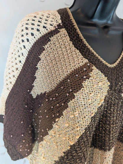 Vintage 1980s Handmade Brown Gold Abstract Knit Vest Wearable Art