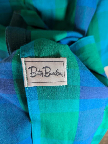 Vintage Betty Barclay checked linen jacket UK10 oversized lagenlook blue green