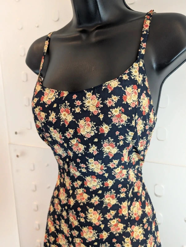 Vintage 90s Made in Great Britain Navy Rose Floral Maxi Dress UK16