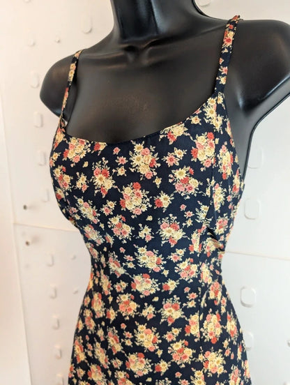 Vintage 90s Made in Great Britain Navy Rose Floral Maxi Dress UK16