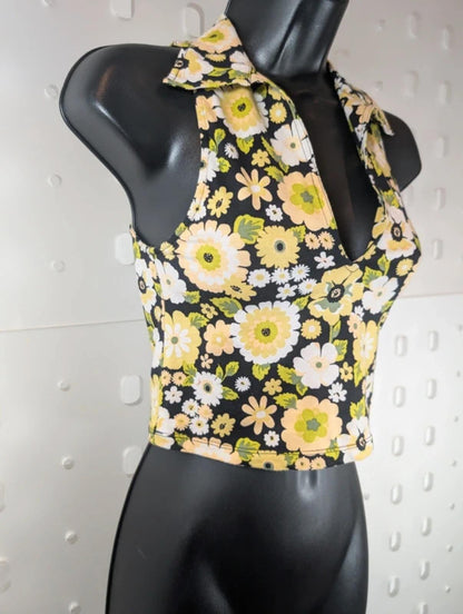 Motel Daisy Print Crop Top Black Yellow XS