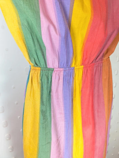 Vintage Rainbow Stripe Cotton Day Dress Button Front Pockets UK10
