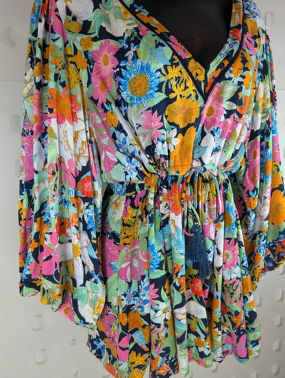 Eb & Ive Tropical Floral Kaftan Top Black Multi Large